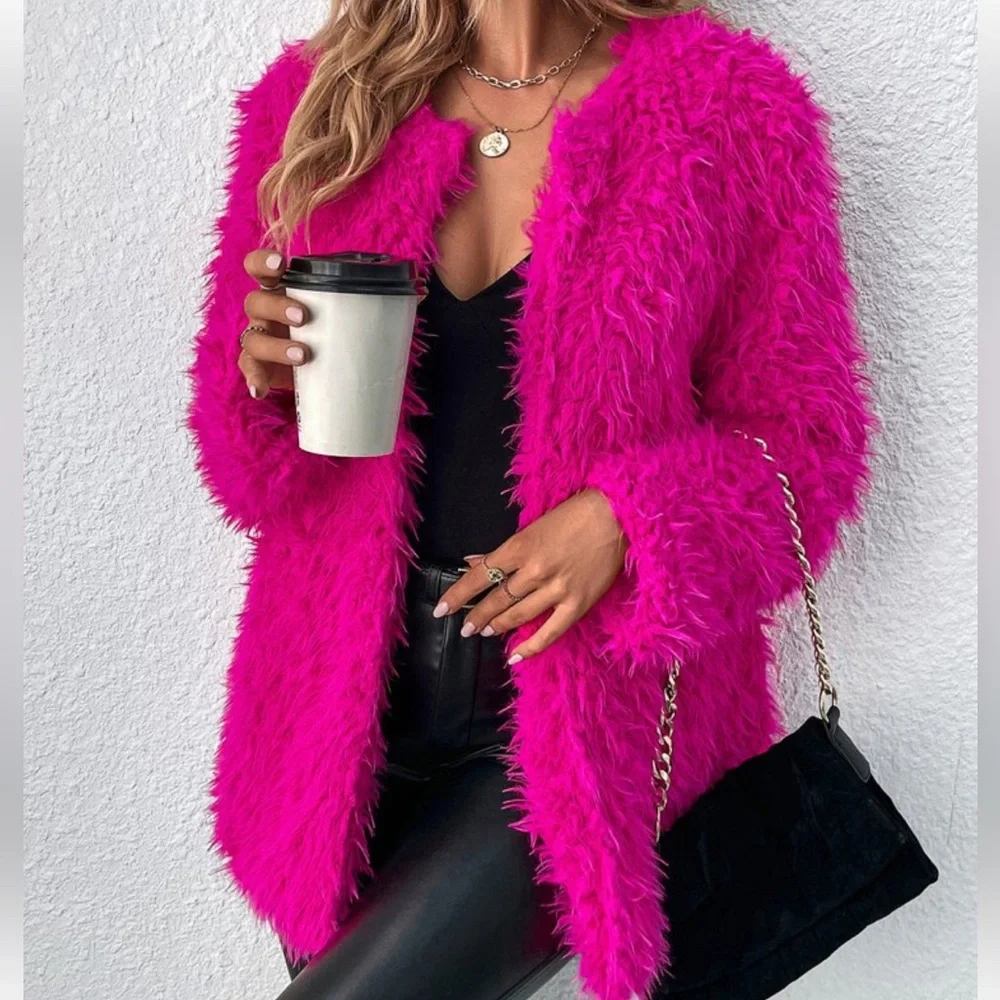 Cozy Faux Vegan Fur Open Front Jacket Coat Hot Pink - Picture 4 of 14